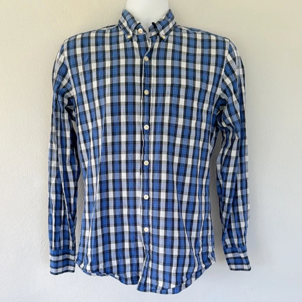 J. Crew shirtings washed casual tailored fit blue plaid button down shirt small